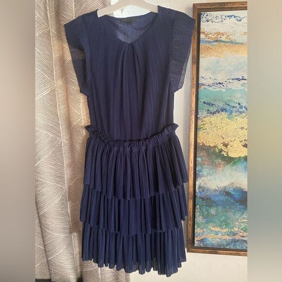 Maje Mini Dress Women Navy Size 2 Pleated Ruffle Tiered - Picture 12 of 13
